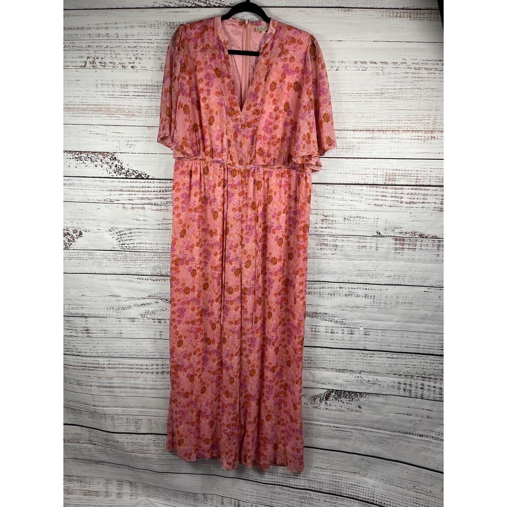 by TiMo Large Floral Chiffon Maxi V Neck Jumpsuit Wide Leg Sheer Romantic Boho